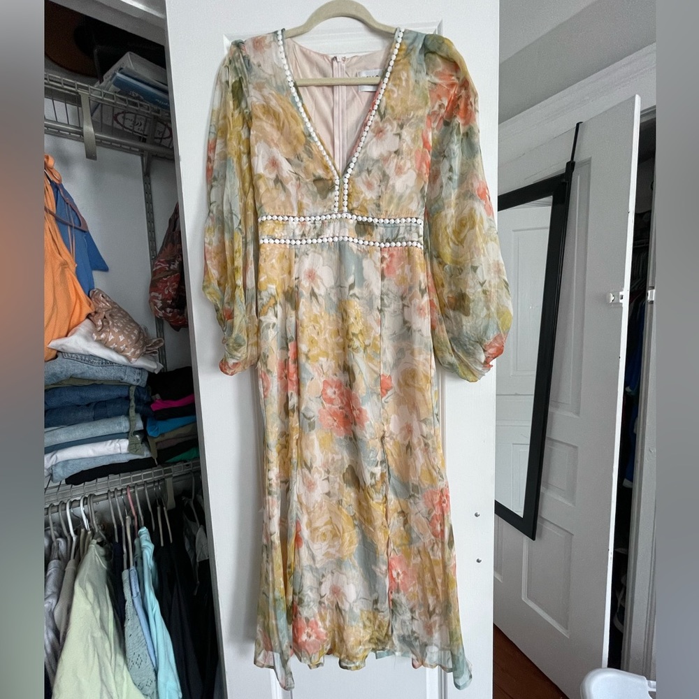 Hello Molly yellow floral midi dress with slits. US size 4, small